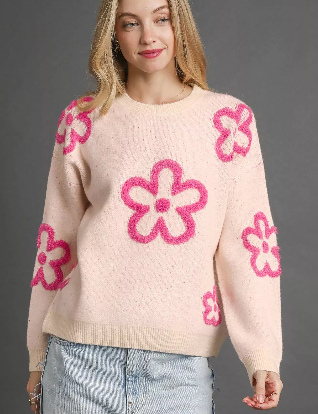 Cream Umgee Round Neck Sweater with Pink Floral Accents | Daverri Fashions