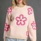 Umgee Round Neck Sweater with Pink Floral Accents - DAVERRI FASHIONS