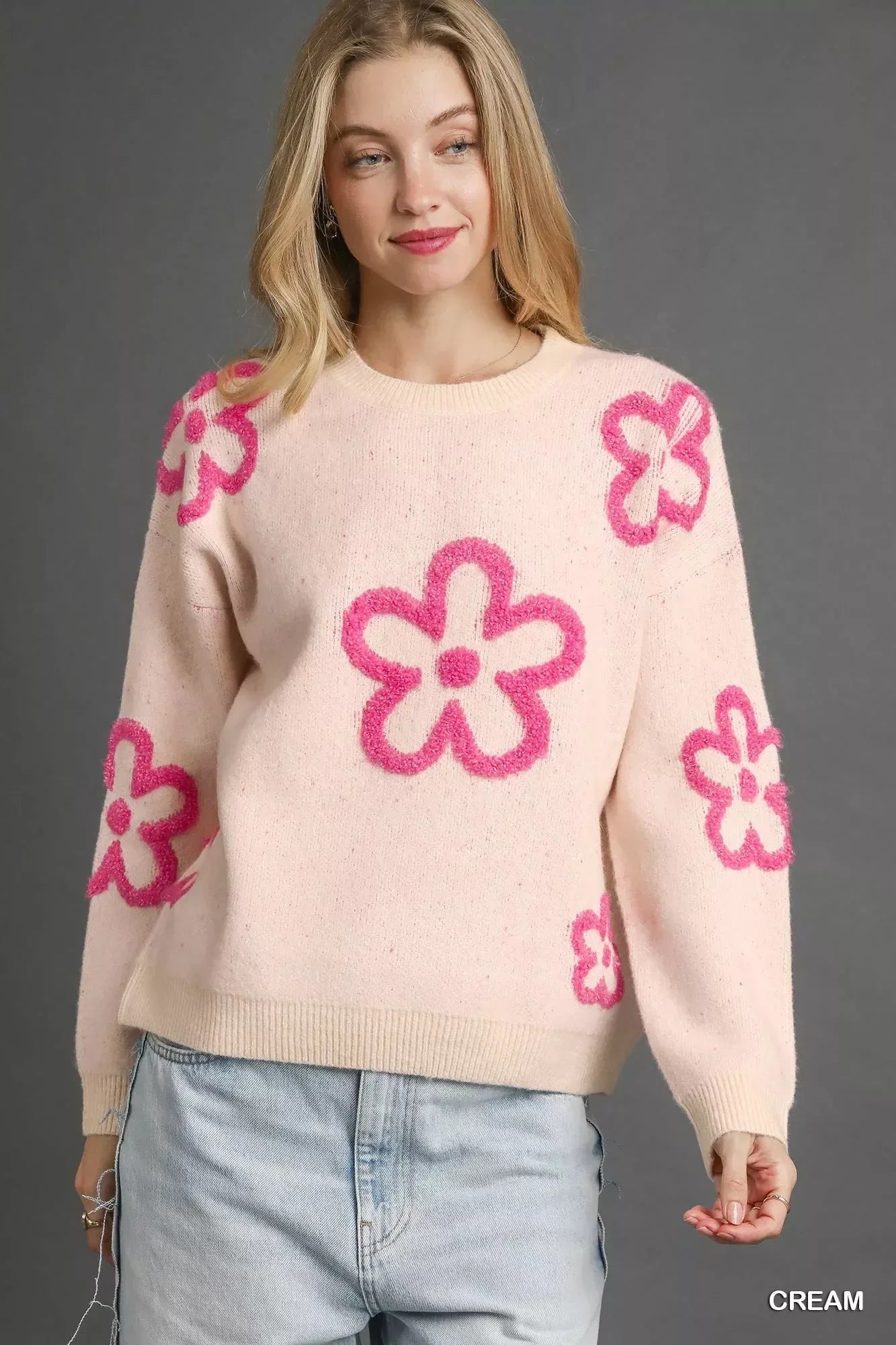 Umgee Round Neck Sweater with Pink Floral Accents - DAVERRI FASHIONS