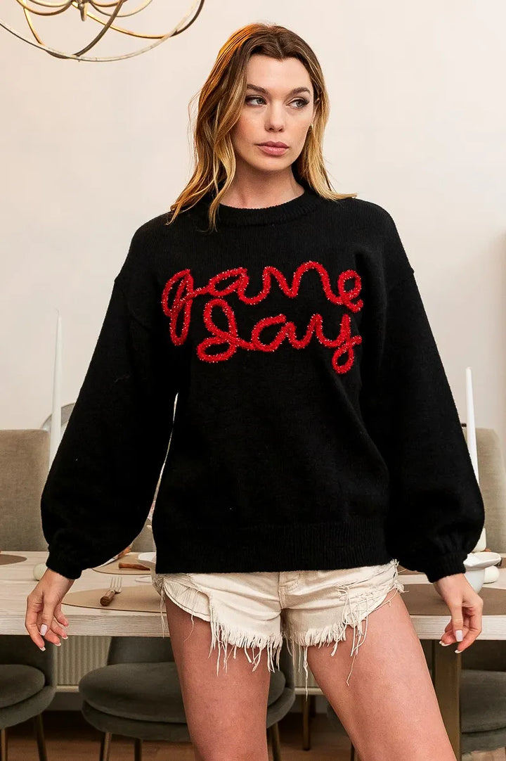 BiBi Game Day Metallic Letter Sweater | Daverri Fashions