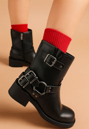 Black Caribou Harness Detail Biker Boots | Boots Daverri Fashions