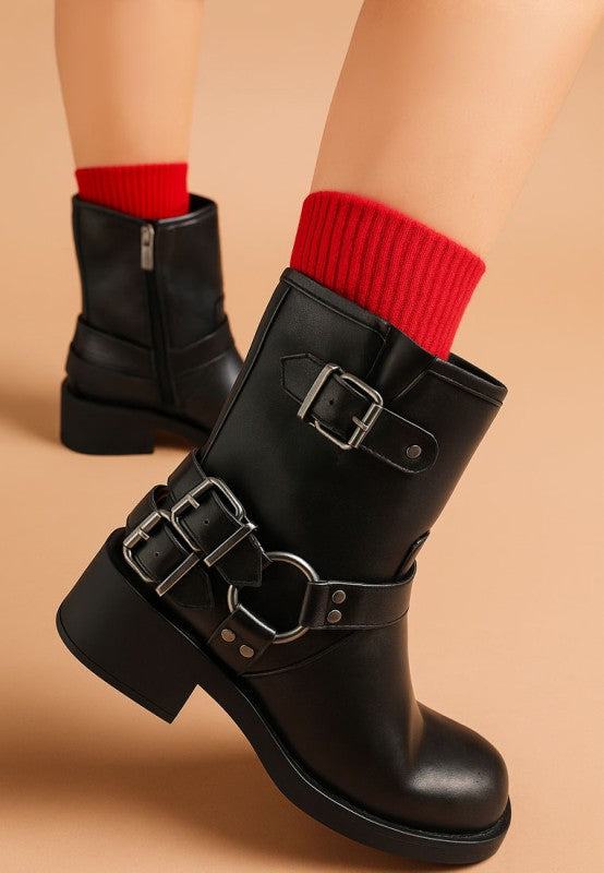 Black Caribou Harness Detail Biker Boots | Boots Daverri Fashions