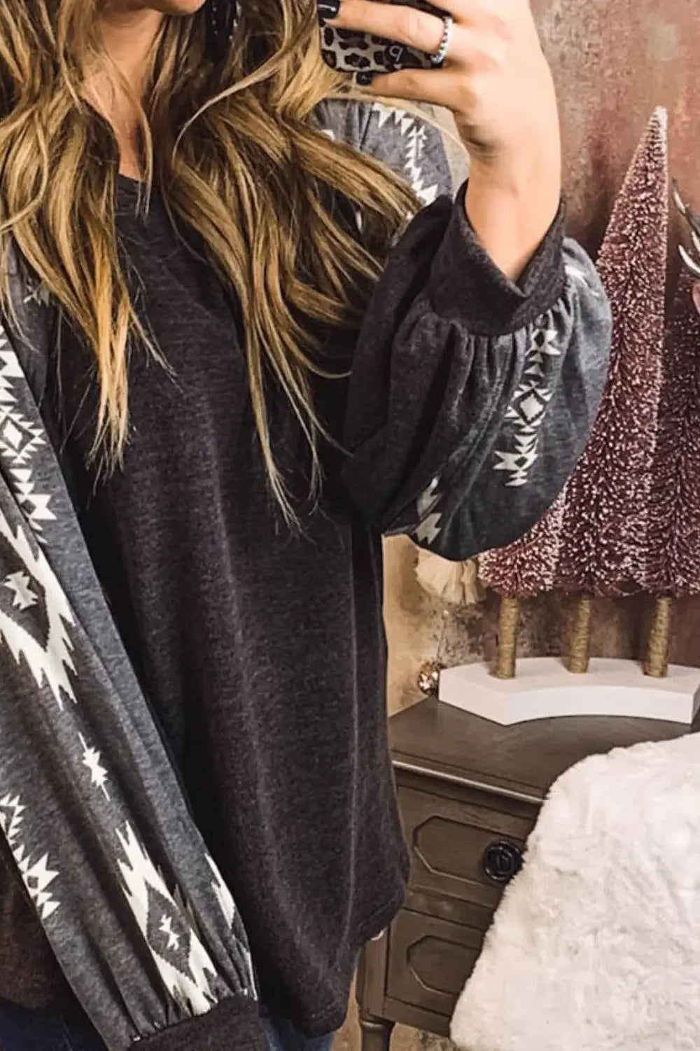 Daverri Fashions charcoal gray oversized fleece sweatshirt with white geometric sleeve pattern