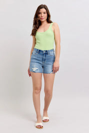 Judy Blue Full Size High Waist Denim Shorts W/stitch Over Destroy Detail Plus Size | Denim Shorts Daverri Fashions