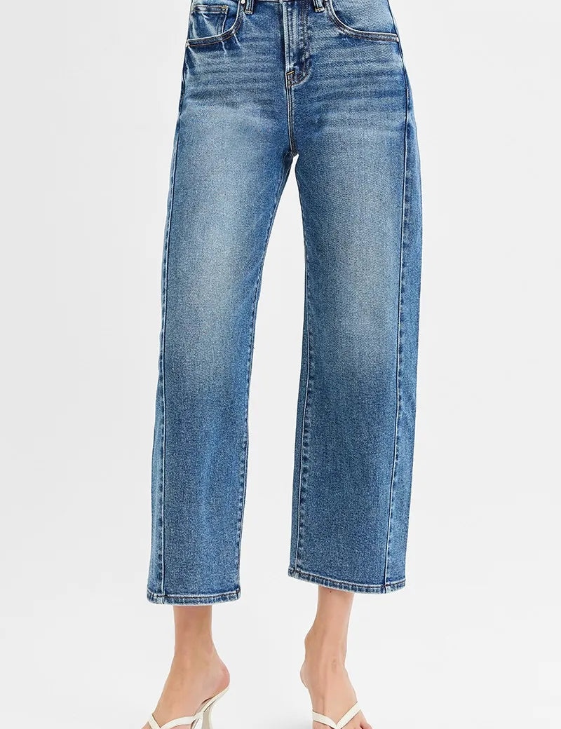 DARK 15 RISEN High Rise Crop Length Barrel Adjustable Waist Band Jeans | Daverri Fashions