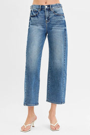 DARK 15 RISEN High Rise Crop Length Barrel Adjustable Waist Band Jeans | Daverri Fashions