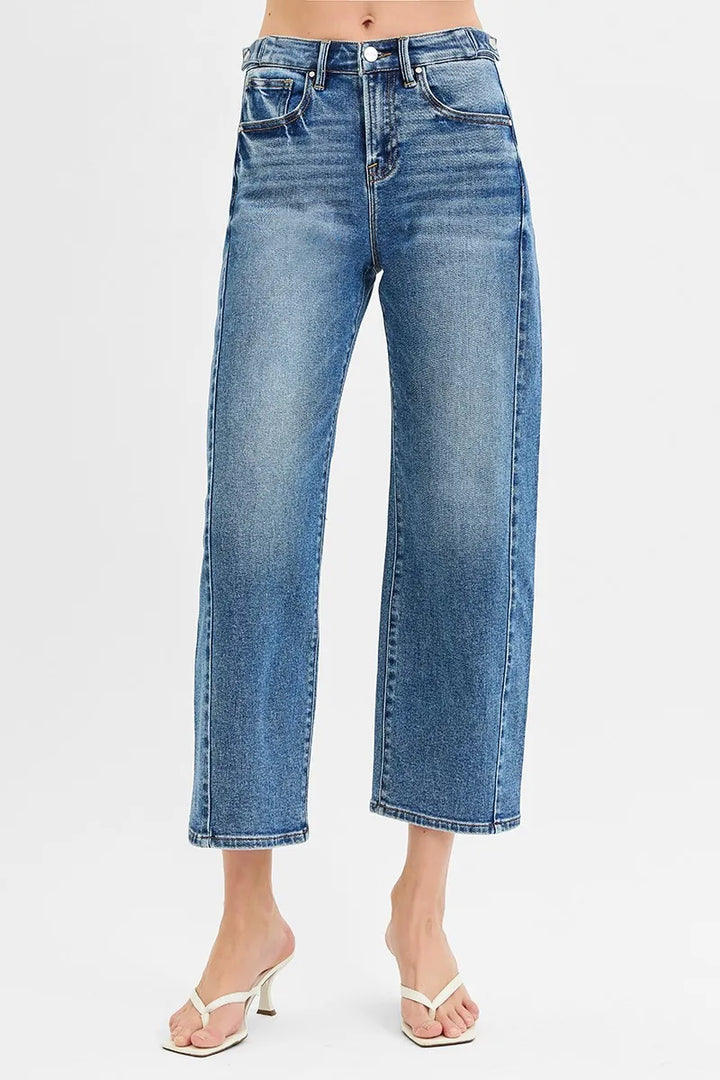 RISEN High Rise Crop Length Barrel Adjustable Waist Band Jeans DARK