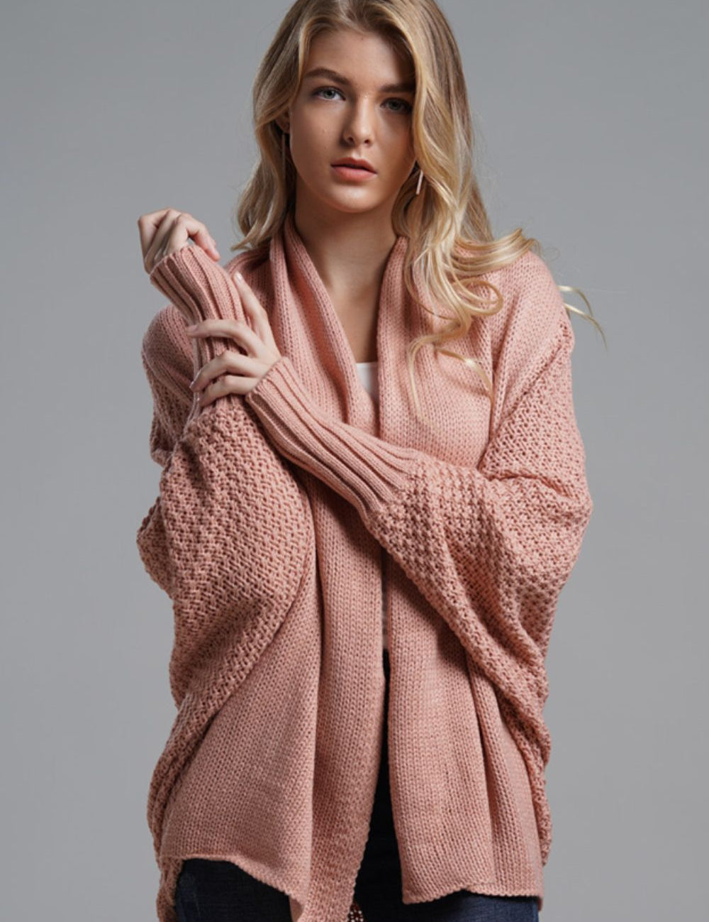 Pink One Size Dolman Sleeve Open Front Ribbed Trim Longline Cardigan | Cardigans Daverri Fashions