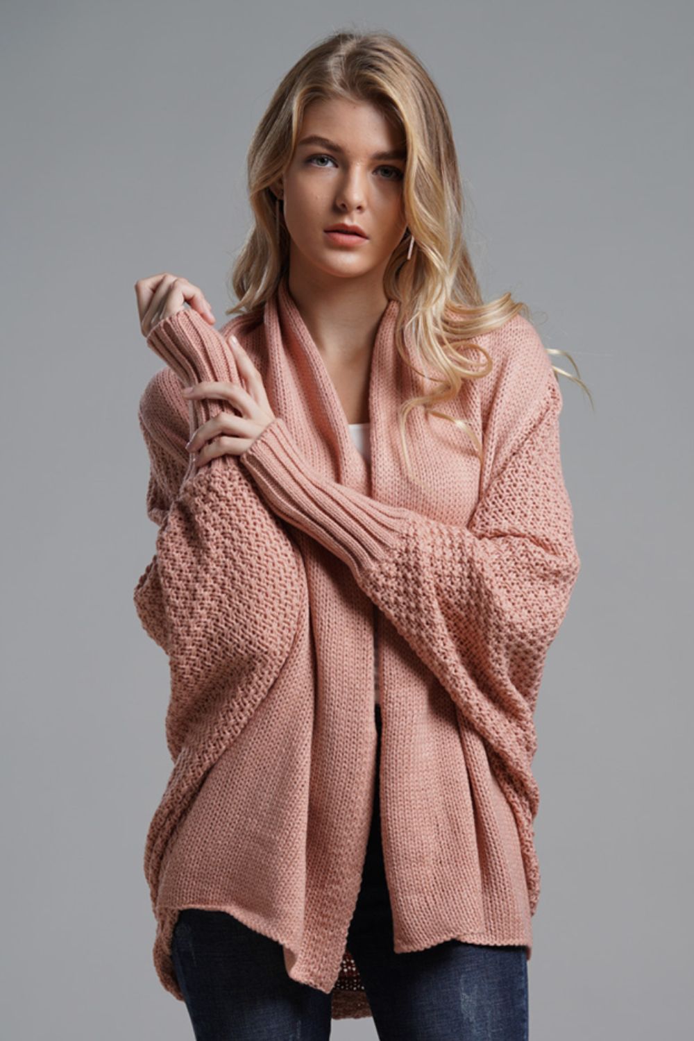 Pink One Size Dolman Sleeve Open Front Ribbed Trim Longline Cardigan | Cardigans Daverri Fashions