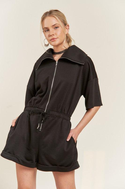 French Terry Front Zip Plus Size Romper Rompers