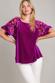 Umgee Full Size Velvet Embroidery Short Sleeve Blouse Violet S