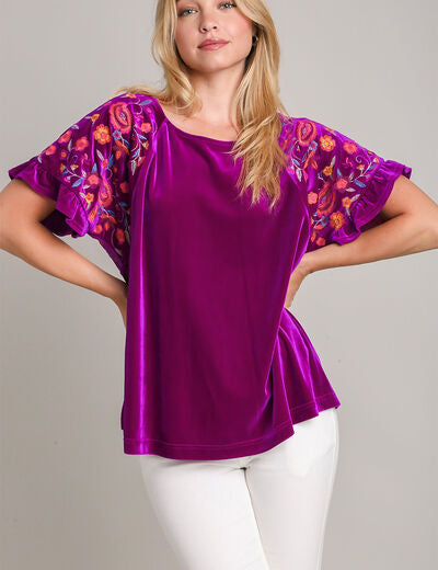 Umgee Full Size Velvet Embroidery Short Sleeve Blouse Violet S