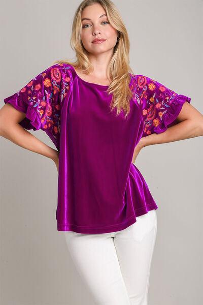 Umgee Full Size Velvet Embroidery Short Sleeve Blouse Violet S Blouses