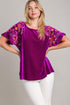 Umgee Full Size Velvet Embroidery Short Sleeve Blouse Violet S Blouses
