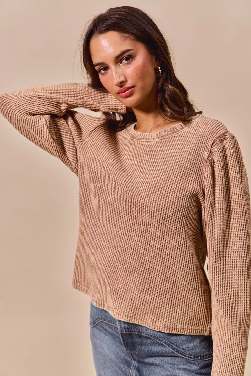 SO ME Mineral Washed Waffle Top With Puff Sleeves | Knit Tops Daverri Fashions