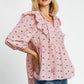 Umgee Full Size Ruffled Bow Print Tie Neck Peplum Blouse Plus Size Blouses
