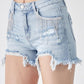 RISEN Frayed Hem Denim Shorts with Fringe Detail Pockets LIGHT Denim Shorts