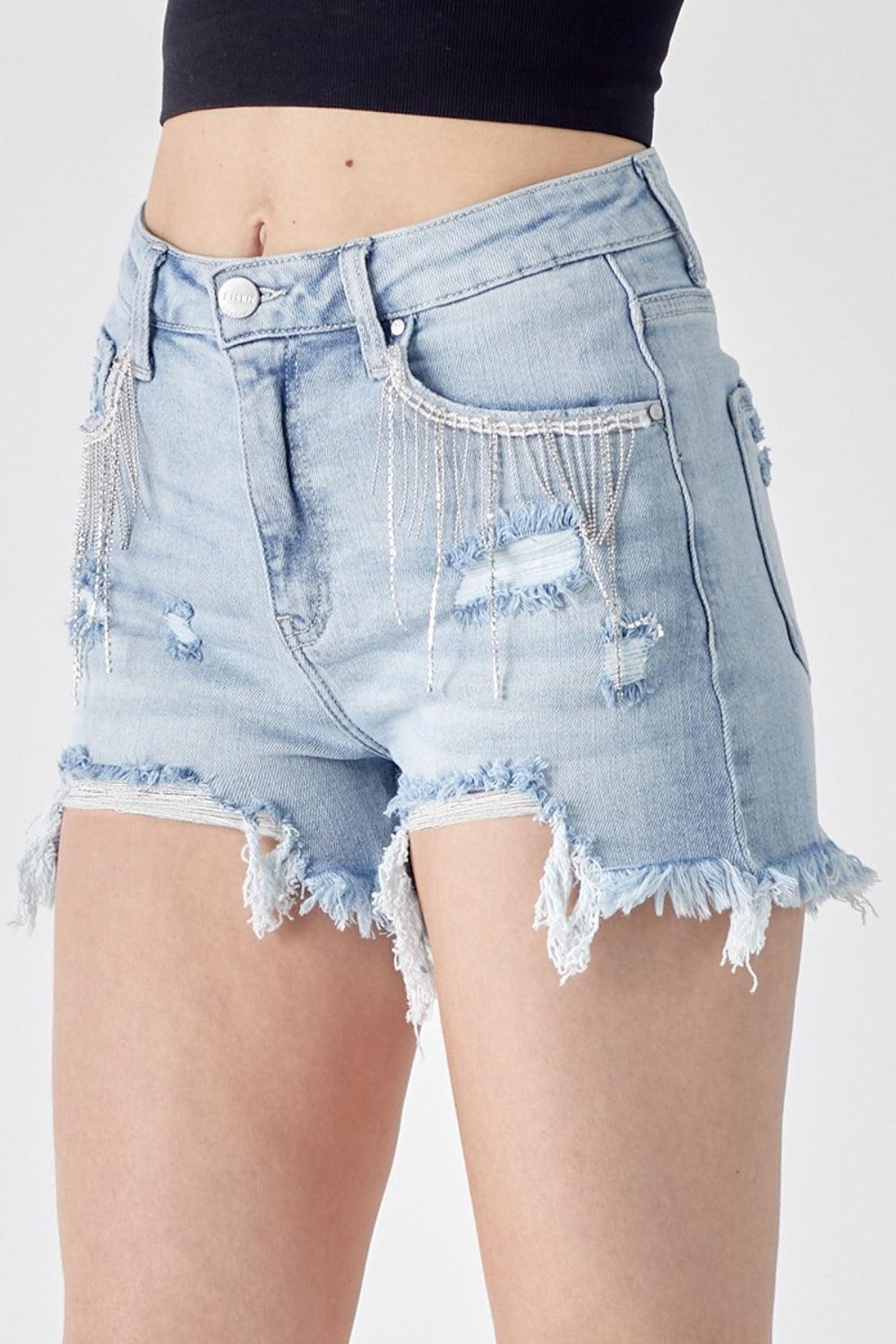 RISEN Frayed Hem Denim Shorts with Fringe Detail Pockets LIGHT Denim Shorts