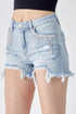 RISEN Frayed Hem Denim Shorts with Fringe Detail Pockets LIGHT Denim Shorts