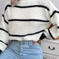 Cozy off-white black striped plus size mock neck knit sweater