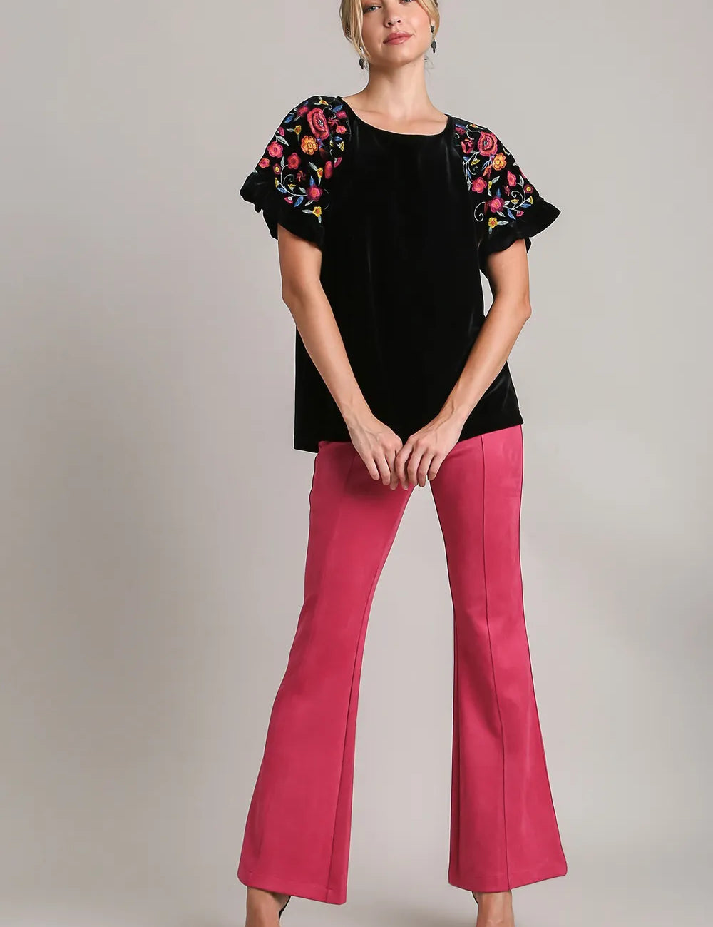 Umgee Full Size Velvet Embroidery Short Sleeve Blouse | Blouses Daverri Fashions