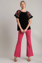 Umgee Full Size Velvet Embroidery Short Sleeve Blouse | Blouses Daverri Fashions