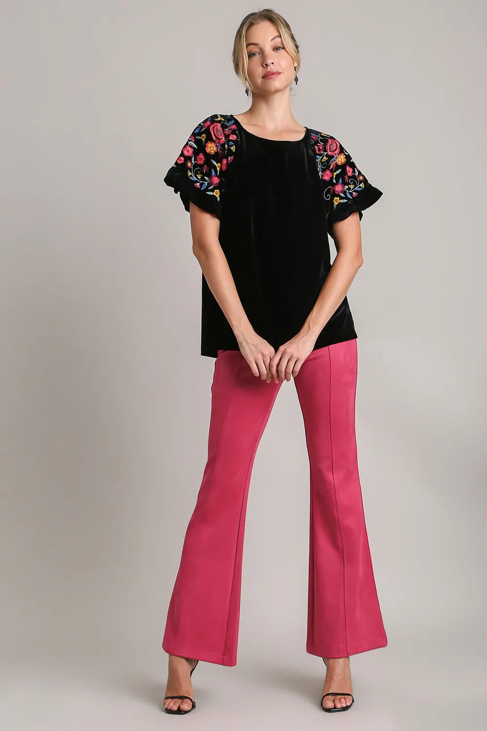 Umgee Full Size Velvet Embroidery Short Sleeve Blouse | Blouses Daverri Fashions
