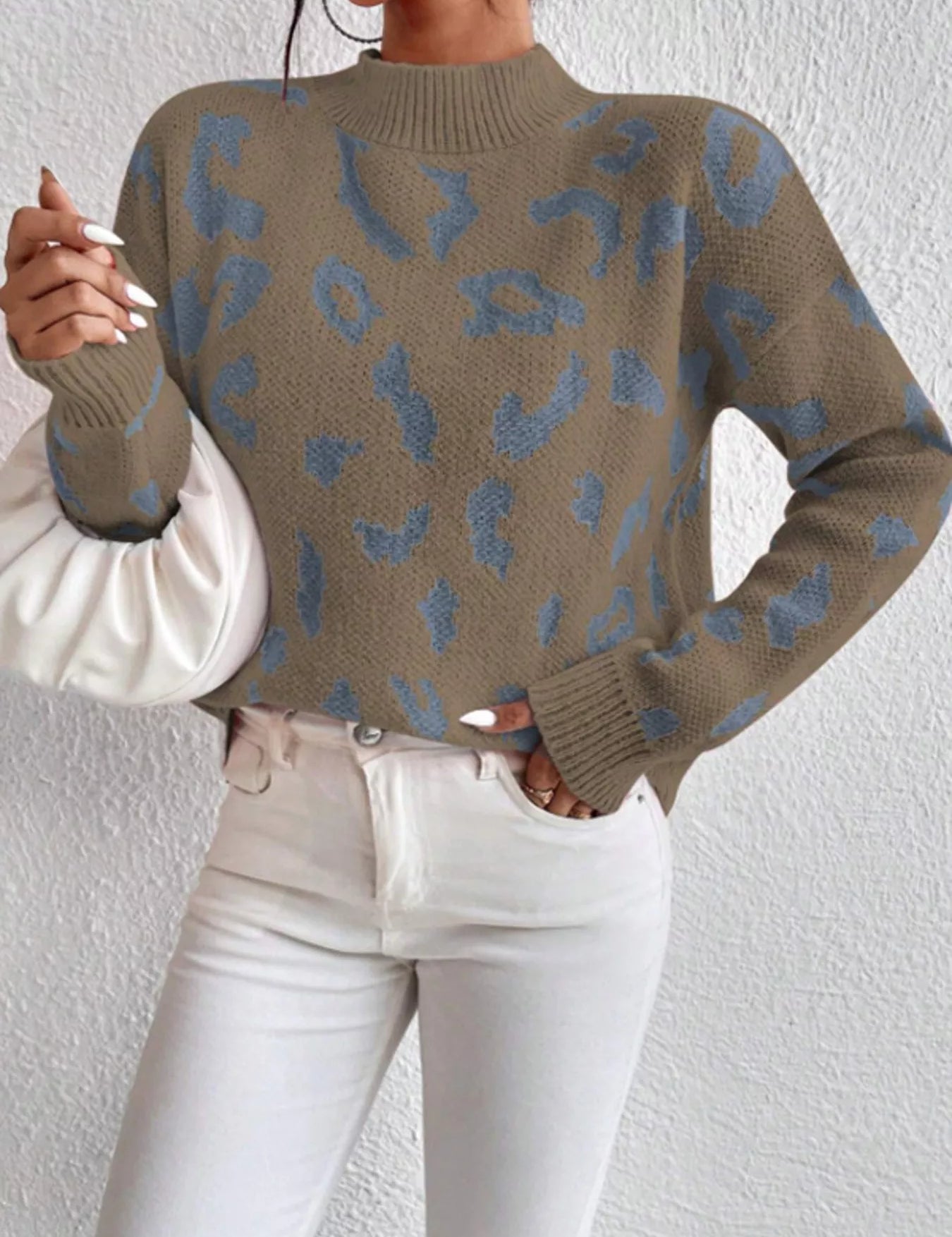 Olive green Leopard Mock Neck Sweater with blue abstract pattern