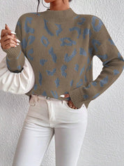 Olive green Leopard Mock Neck Sweater with blue abstract pattern