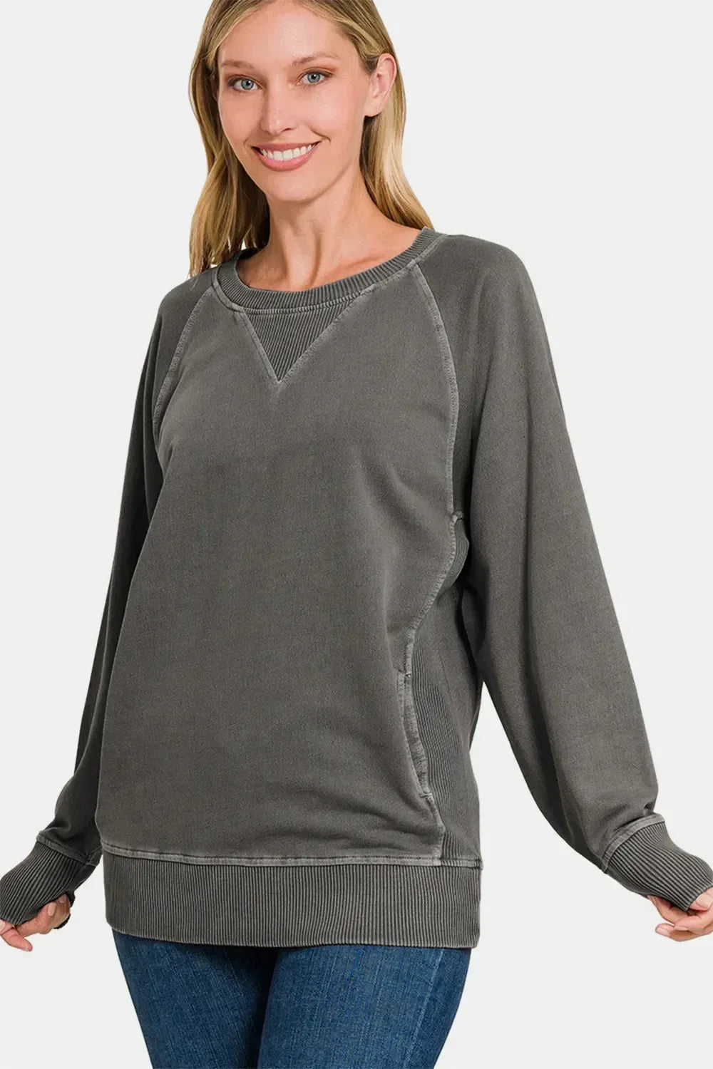 Zenana Round Neck Long Sleeve Sweatshirt - DAVERRI FASHIONS