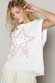 White POL Star Patch Studded Sleeveless T-Shirt with Lace Hem | T-Shirts Daverri Fashions
