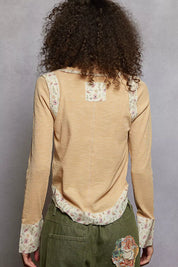 POL Floral Patch V-Neck Long Sleeve Ribbed Top | Daverri Fashions