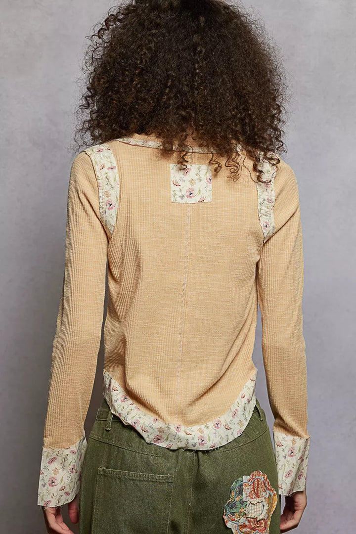 POL Floral Patch V-Neck Long Sleeve Ribbed Top | Daverri Fashions