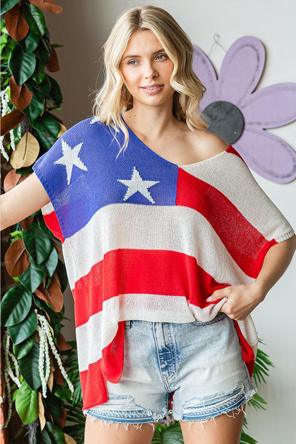 First Love Full Size USA Flag Drop Shoulder Knit Top Shirts & Tops