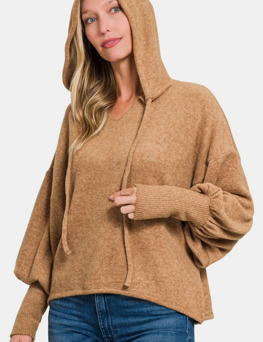 Brushed Hacci Drop Shoulder Cropped Hoodie Tops