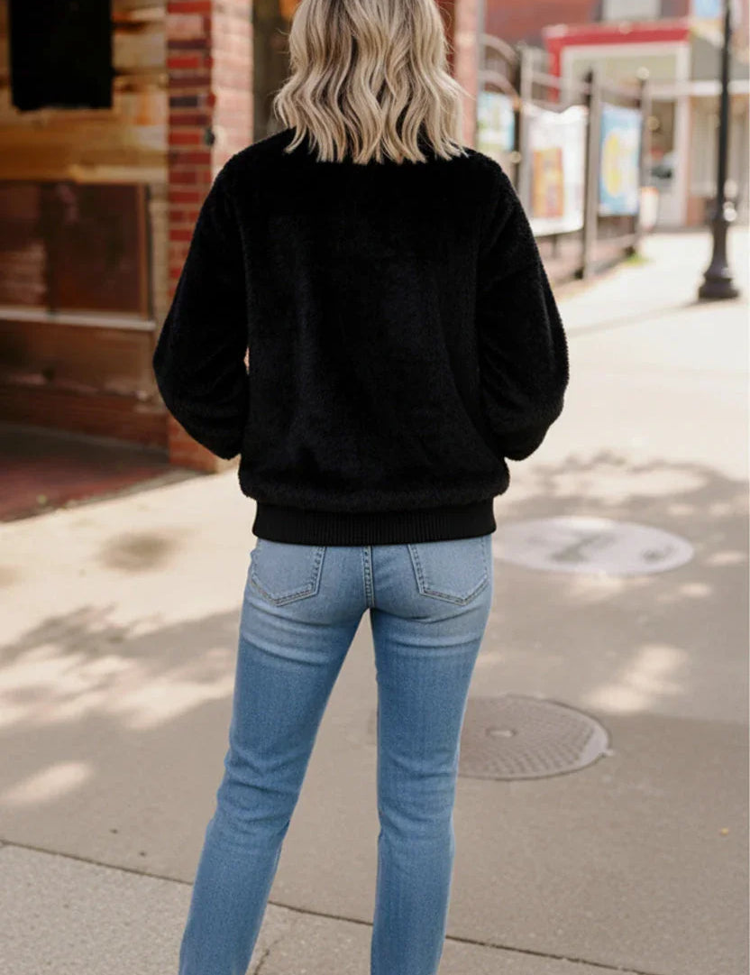 Black Cat Zip Up Faux Fur Coat | Daverri Fashions