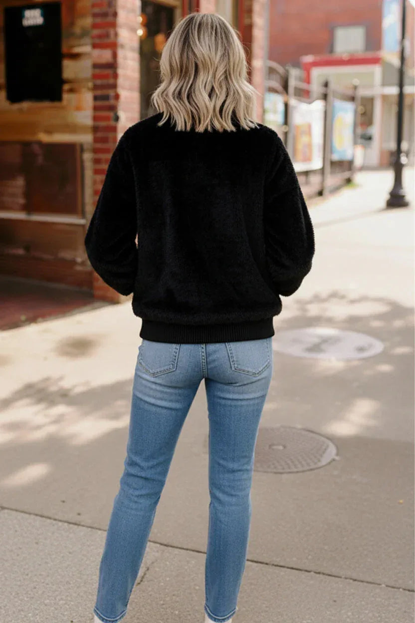 Black Cat Zip Up Faux Fur Coat - DAVERRI FASHIONS