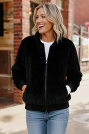 Black Cat Zip Up Faux Fur Coat | Daverri Fashions