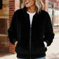 Black Cat Zip Up Faux Fur Coat - DAVERRI FASHIONS