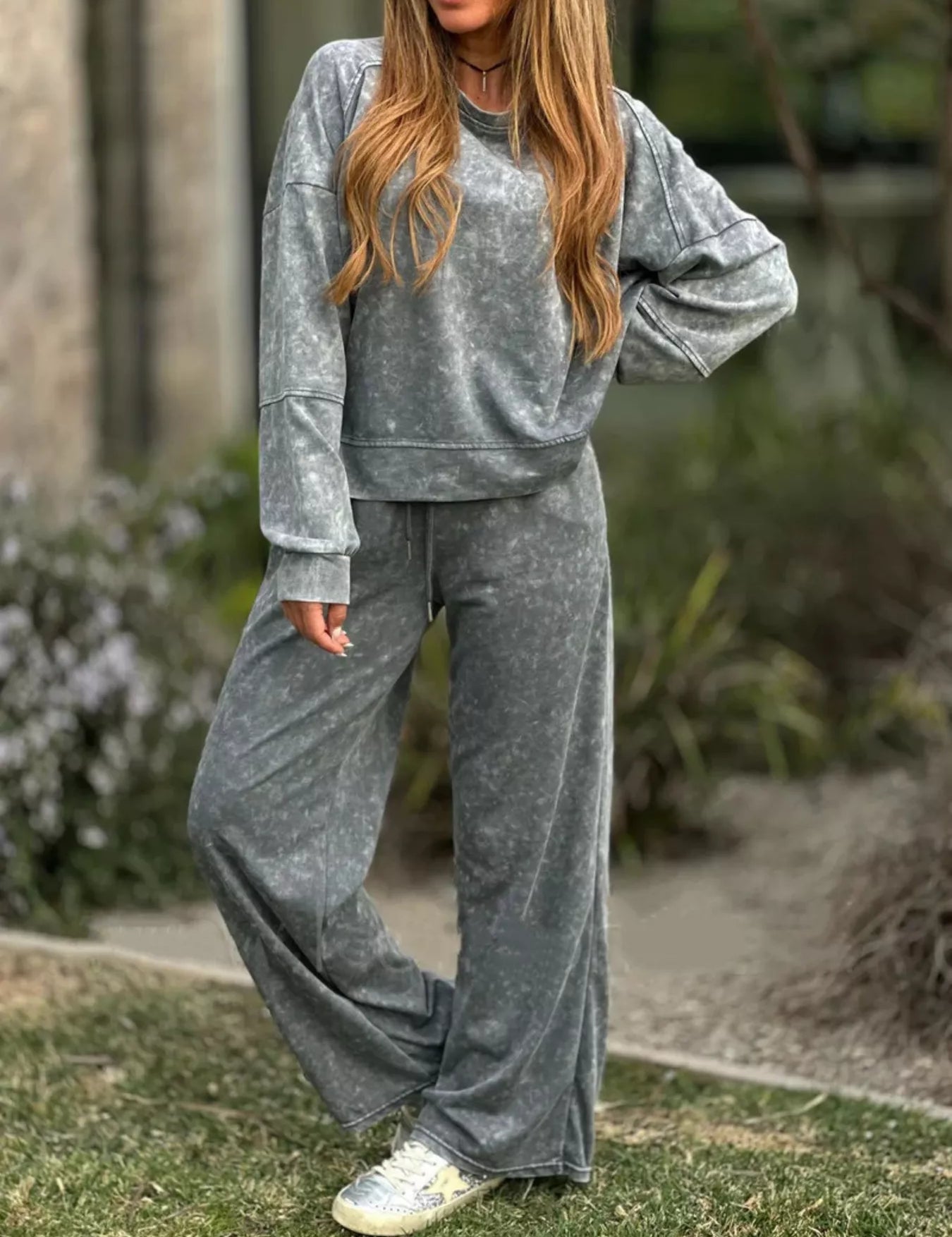 Gray Full Size Round Neck Long Sleeve Top and Pants Set Plus Size | Loungewear Sets Daverri Fashions