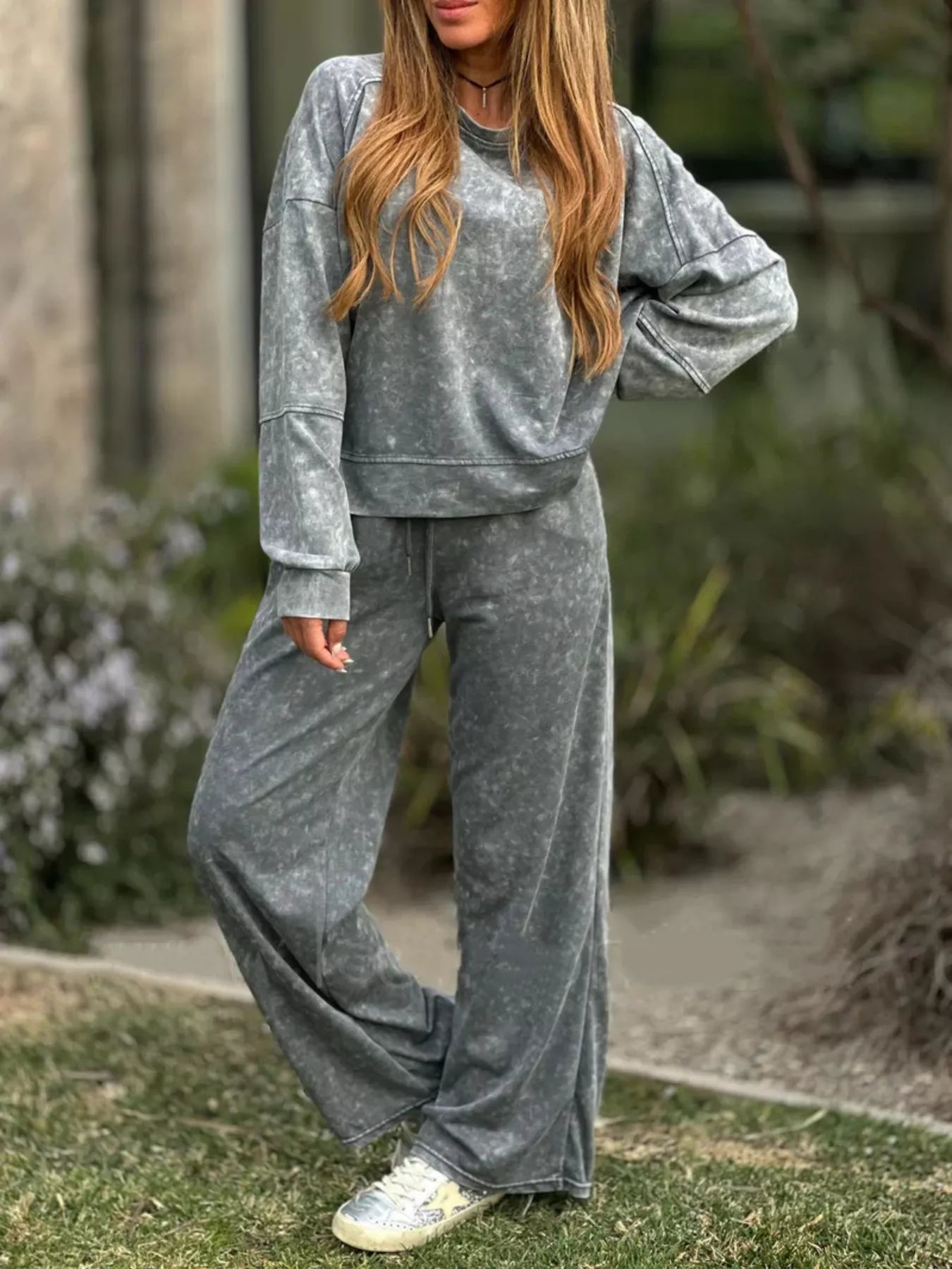 Gray Full Size Round Neck Long Sleeve Top and Pants Set Plus Size | Loungewear Sets Daverri Fashions