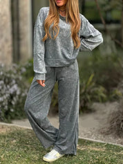 Gray Full Size Round Neck Long Sleeve Top and Pants Set Plus Size | Loungewear Sets Daverri Fashions