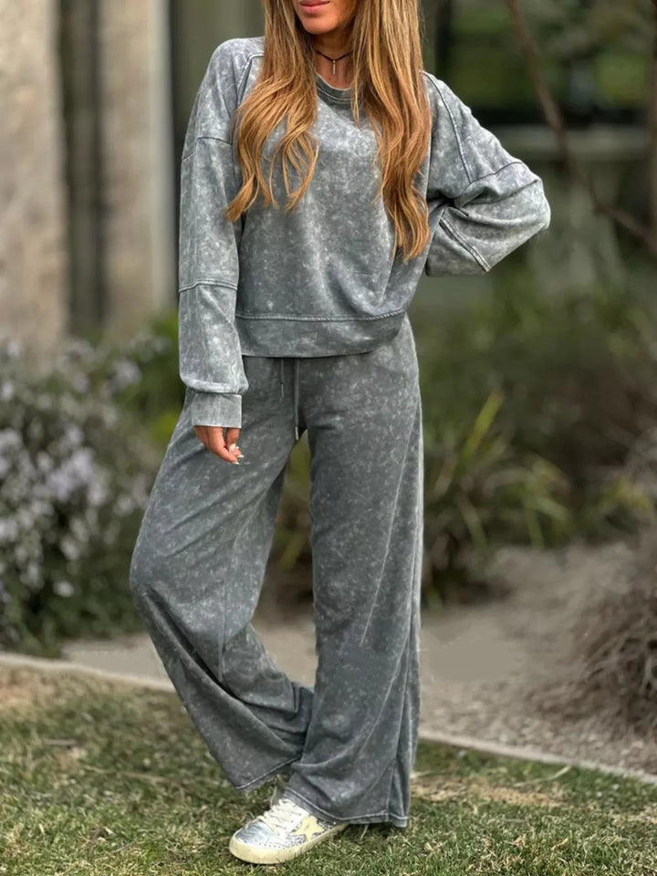 Gray Full Size Round Neck Long Sleeve Top and Pants Set Plus Size | Loungewear Sets Daverri Fashions