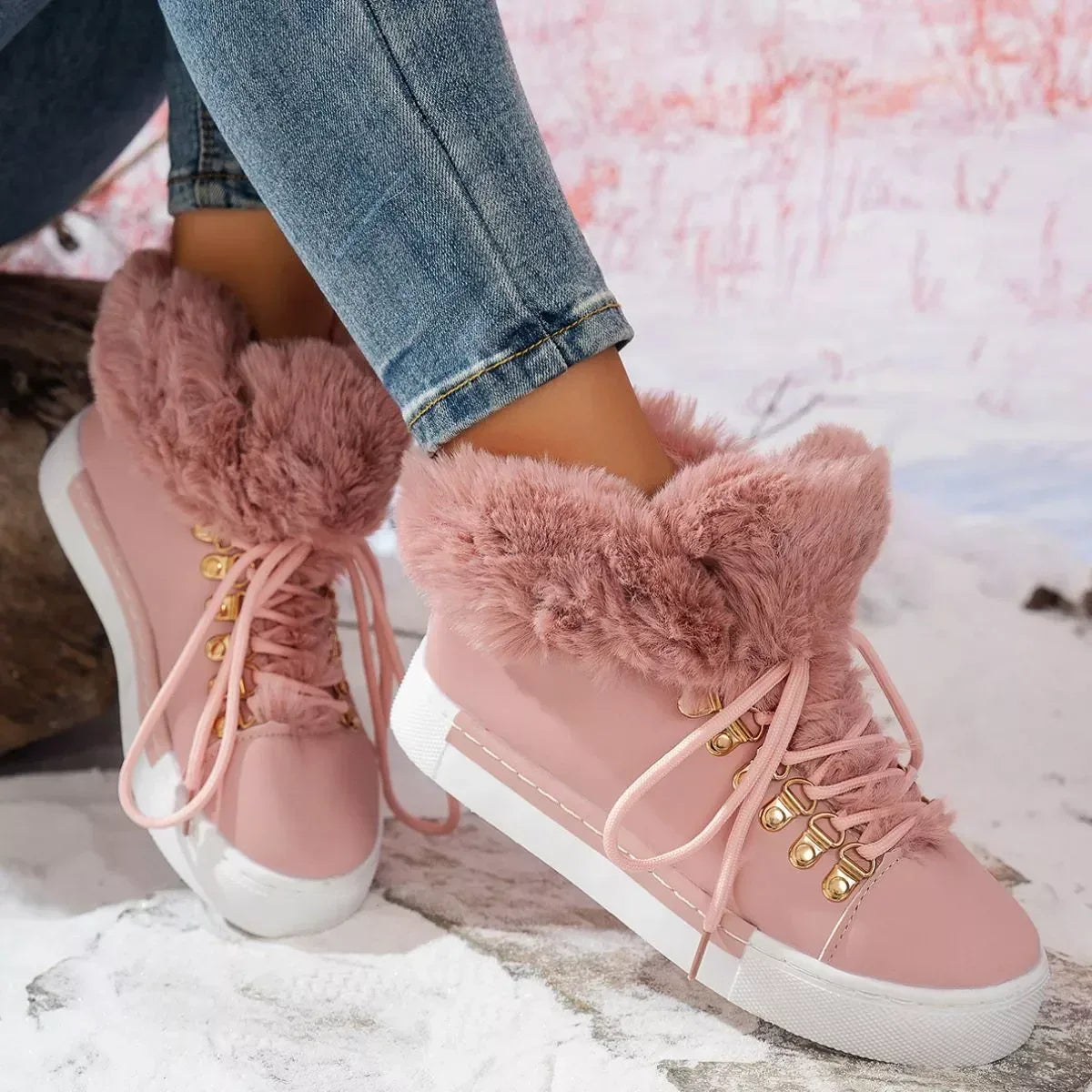 Fuzzy Trim Lace-Up Ankle Boots - DAVERRI FASHIONS