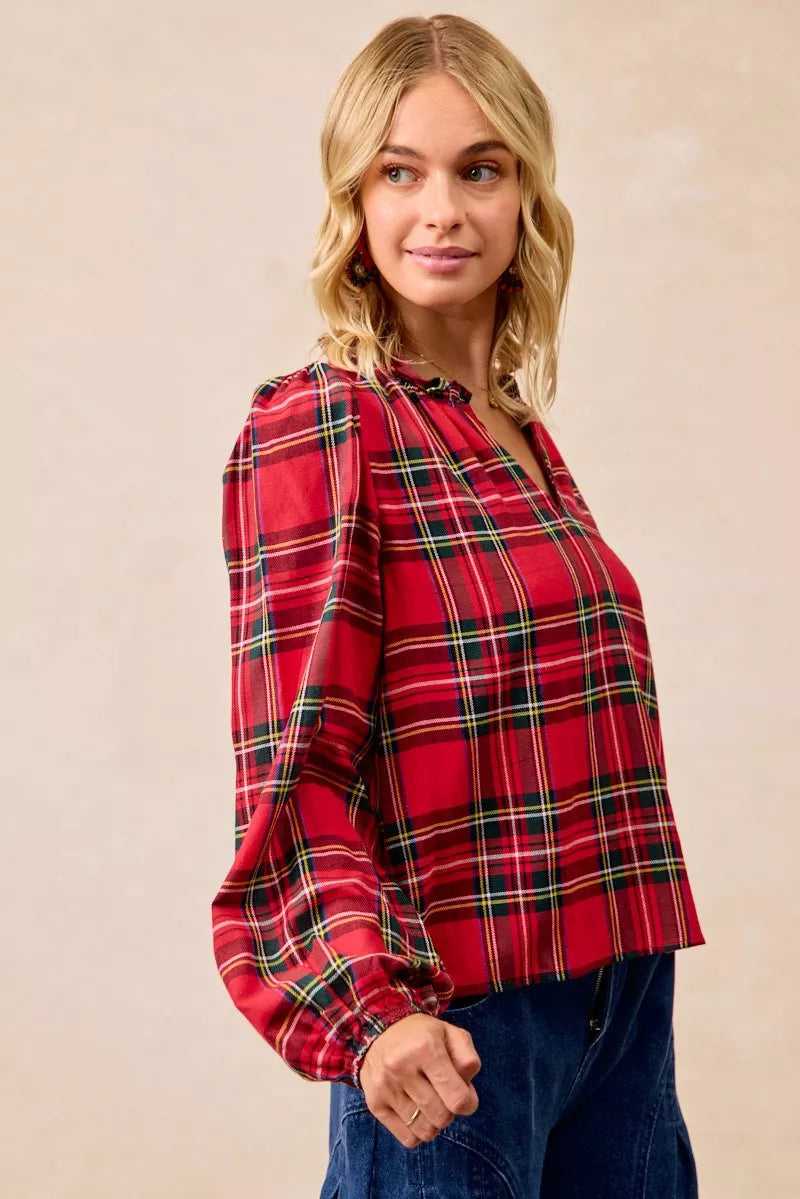 BiBi Christmas Plaid Balloon Sleeves Ruffled V-Neck Top | Daverri Fashions