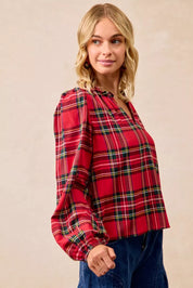BiBi Christmas Plaid Balloon Sleeves Ruffled V-Neck Top | Daverri Fashions