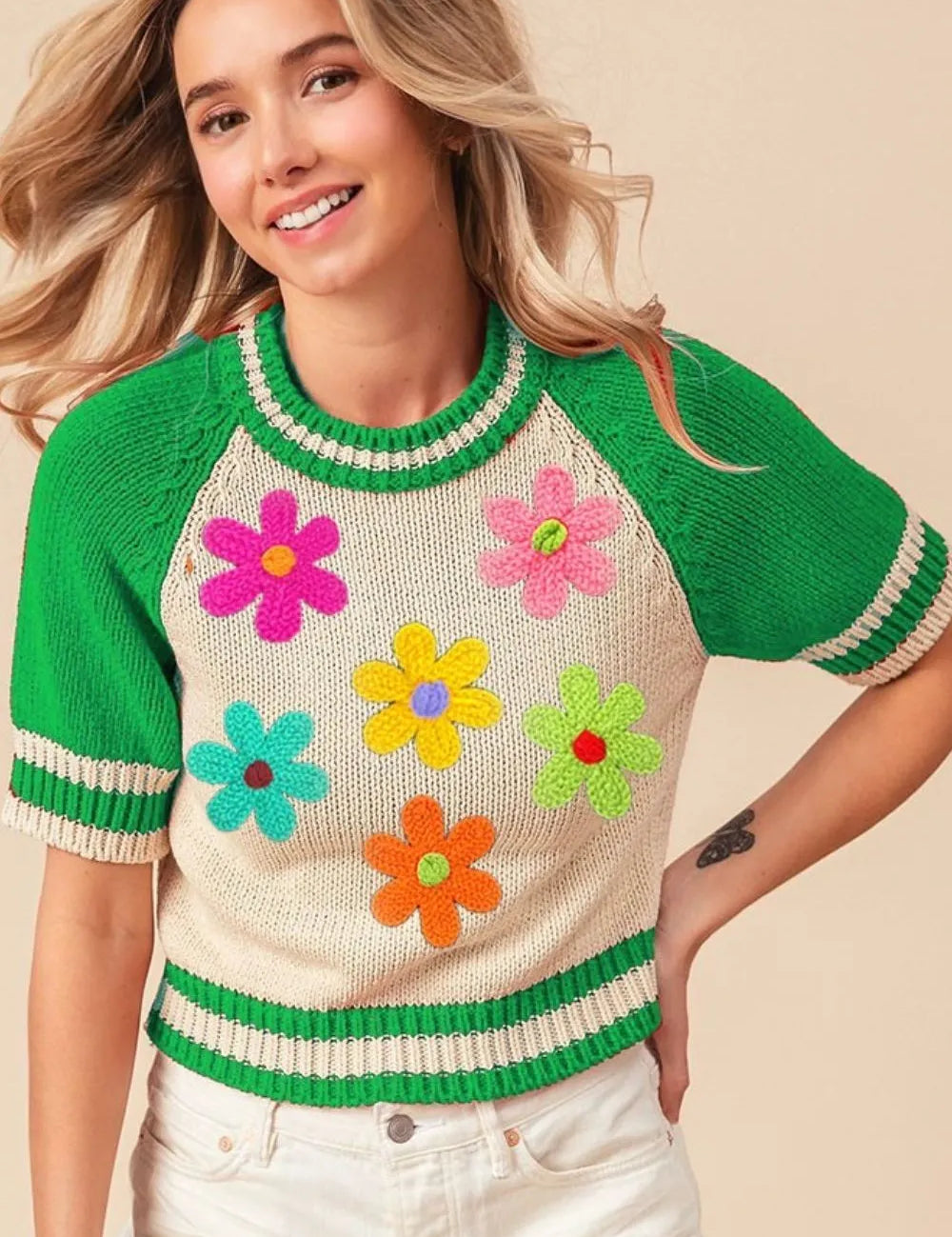 JADE BiBi Crochet Flower Patches Striped Rib Band Sweater | Sweaters Daverri Fashions