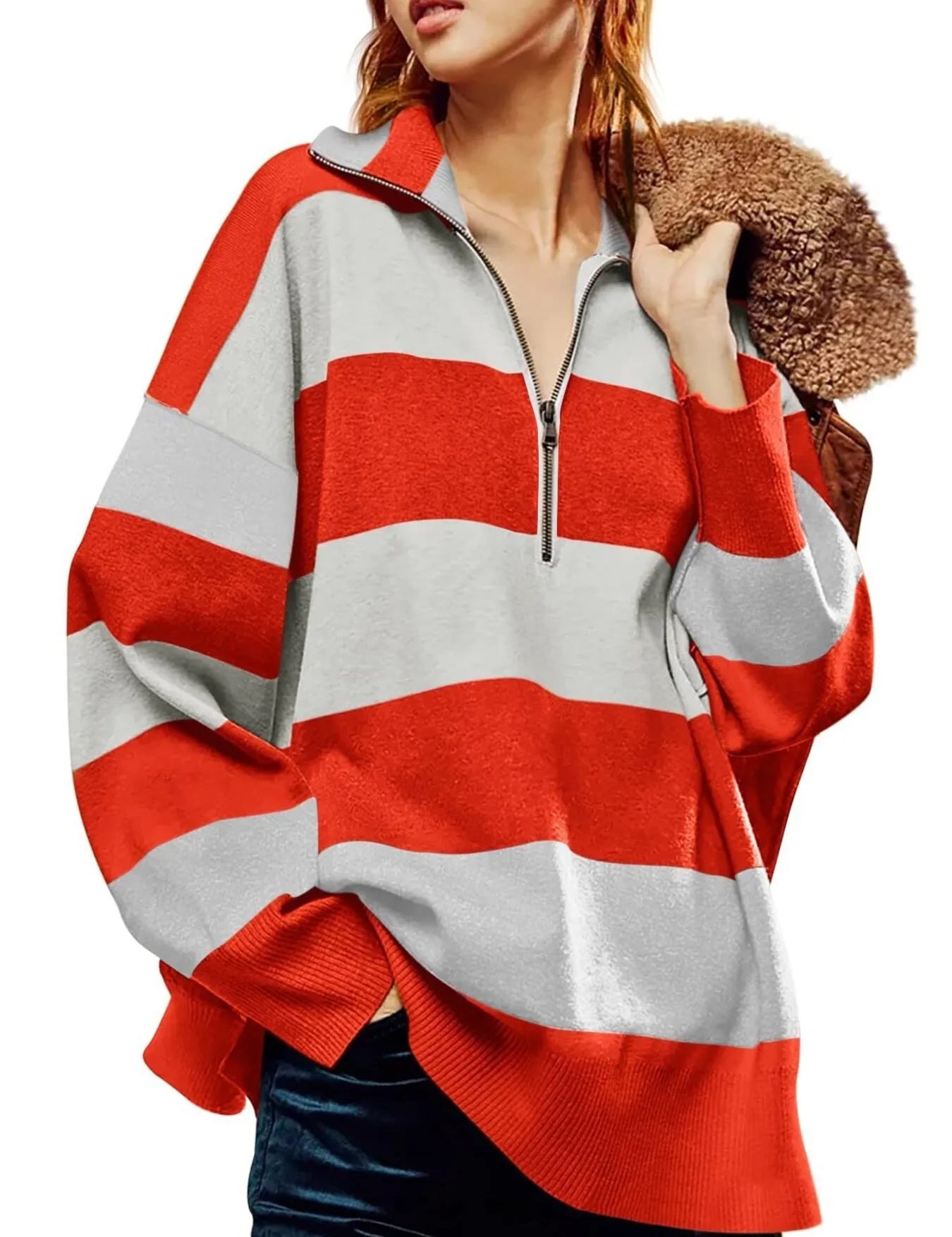 Red Striped Half-Zip Oversized Sweatshirt | Sweatshirts Daverri Fashions