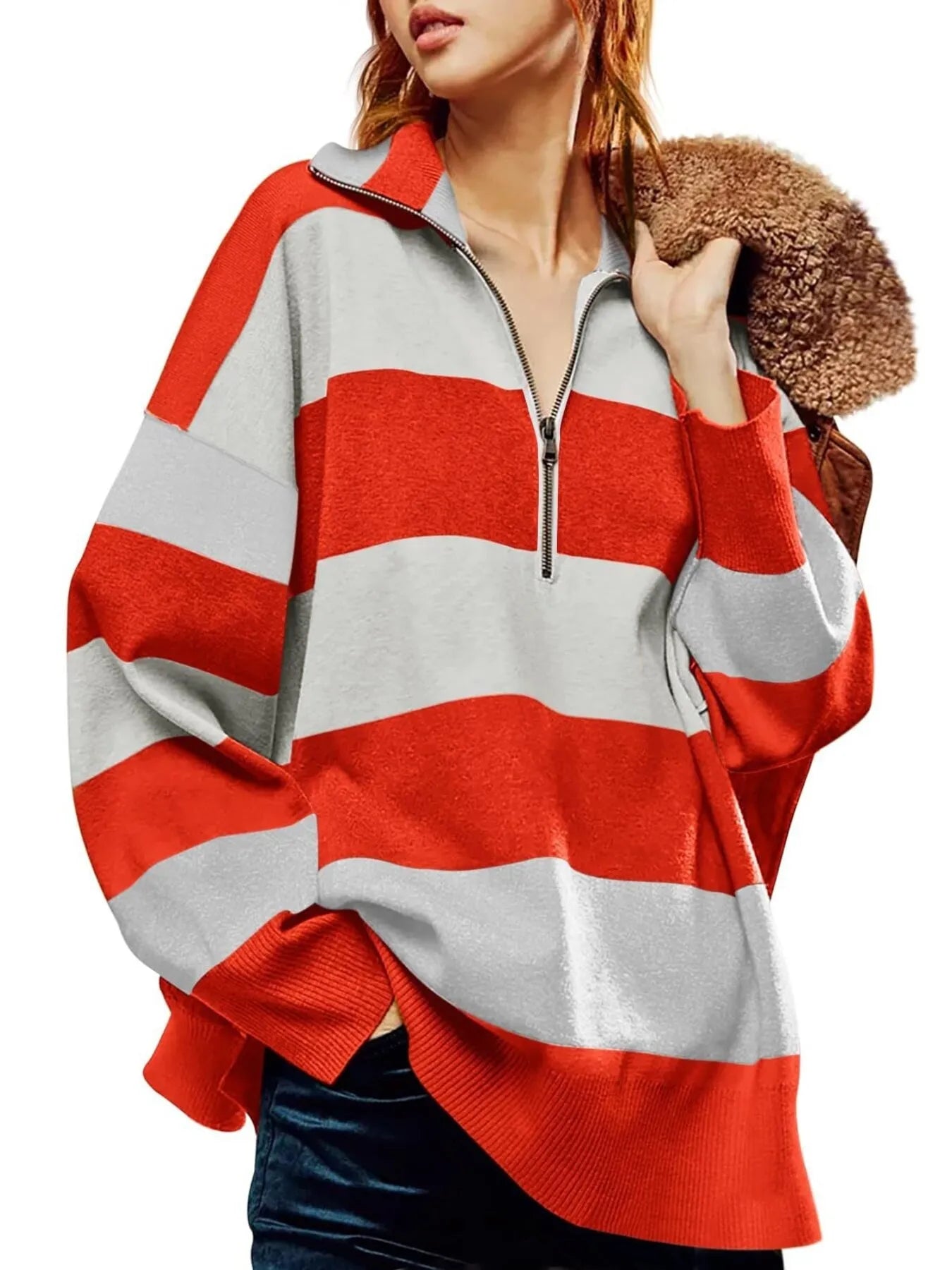 Red Striped Half-Zip Oversized Sweatshirt | Sweatshirts Daverri Fashions