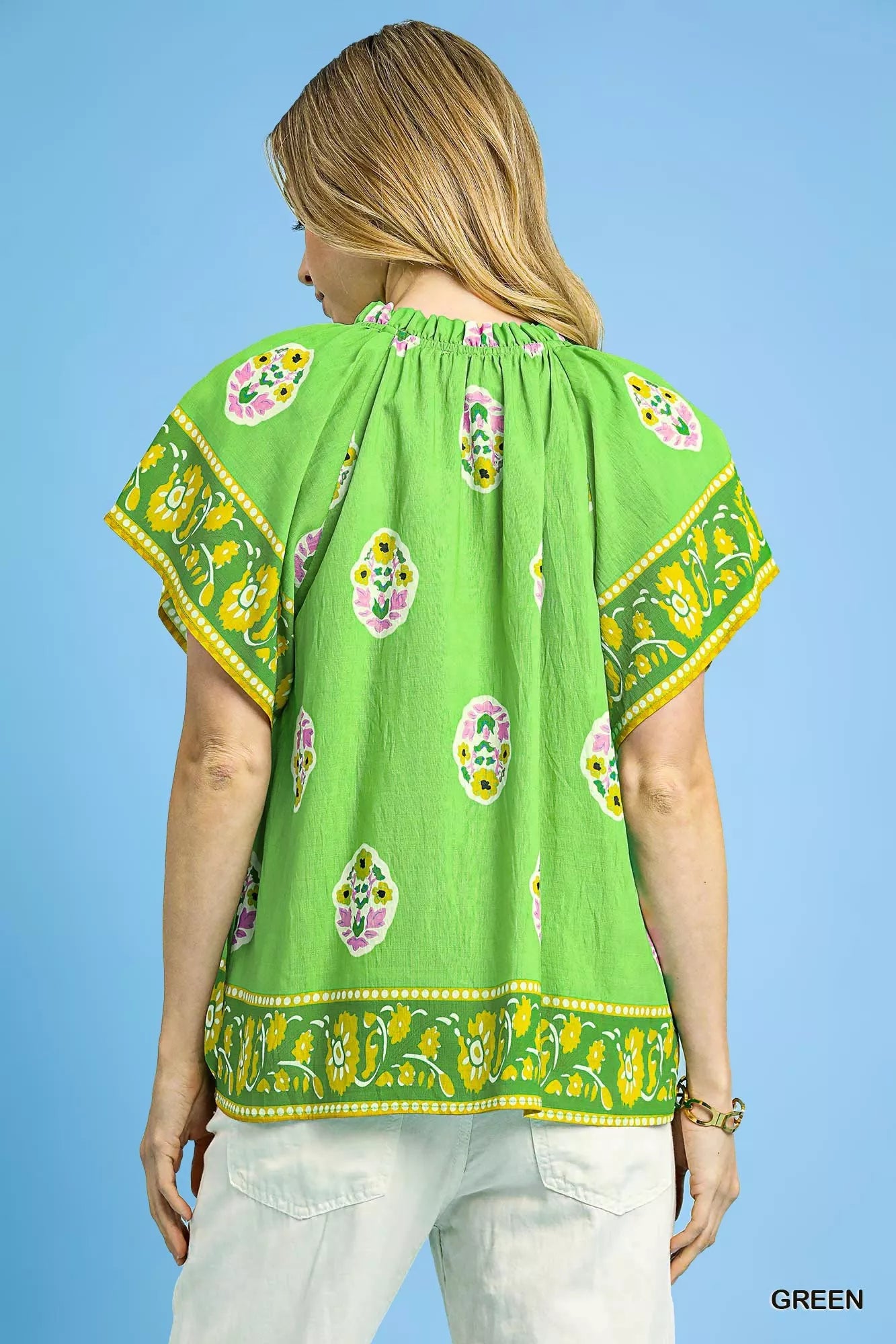 Umgee Boho Bloom Border Top: vibrant green embroidered floral blouse